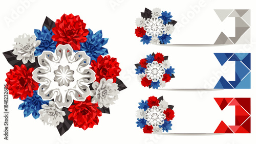 Patriotic Red White Blue Floral Bouquet Vector Design with Elegant Silver Accent and Matching Geometric Business Card Templates for Celebrations and Events