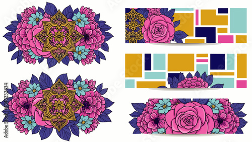 Vibrant vector banners set with elegant pink roses, blue flowers, and ornate golden elements, complemented by modern geometric patterns for decorative design.