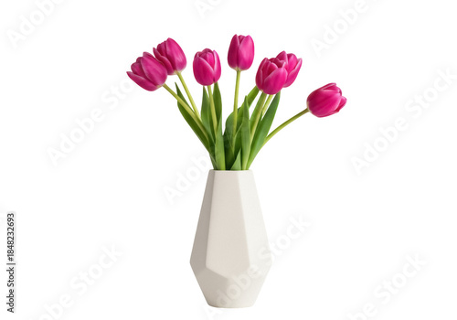 Elegant pink tulips in a modern vase isolated PNG, spring flower arrangement on transparent background for design and decoration