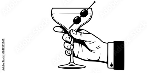 Hand Holding Martini Cocktail Glass Retro Vector Illustration Party