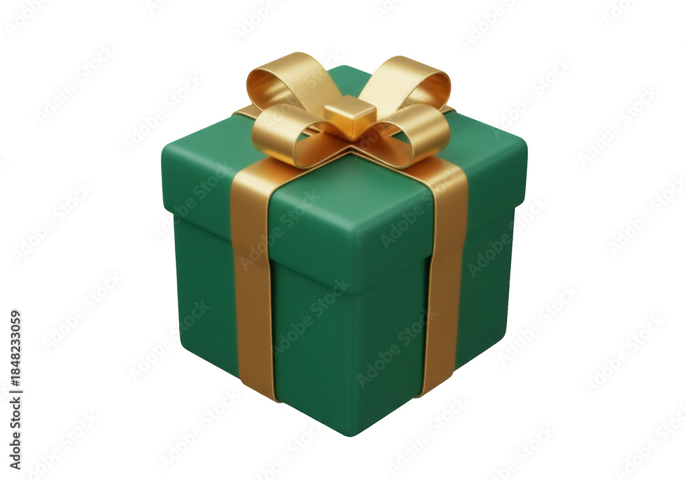 Obraz premium Green gift box with golden ribbon isolated PNG, festive present for Christmas and birthday on transparent background