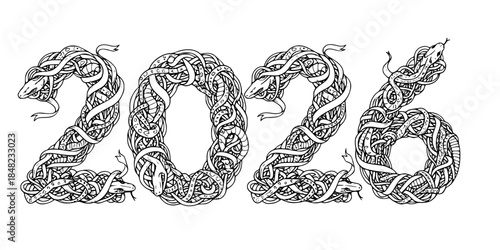 Hand Drawn Snake Ribbon Typography 2026 New Year Vector Illustration
