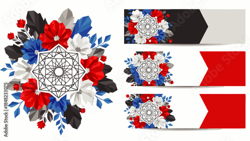 Abstract Geometric Mandala with Red, White, and Blue Flowers and Leaves - Decorative Design Elements