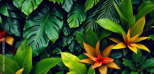 Wallpaper Mural Vibrant green tropical leaves, lush foliage, exotic jungle plants,  summer,  illustration Torontodigital.ca