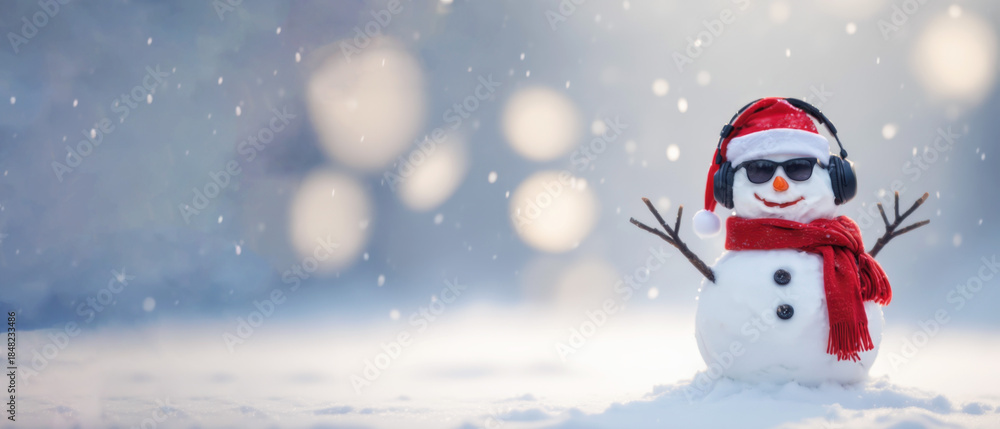 Fototapeta premium Cute snowman in Santa hat and headphones on snowy field, wide winter banner with copy space, Christmas background for holiday greeting or seasonal promotion