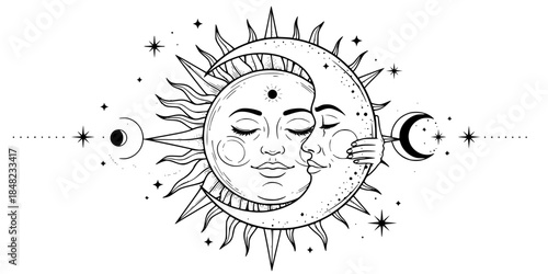 Sun and Moon Merging Celestial Vector Illustration Harmony Concept