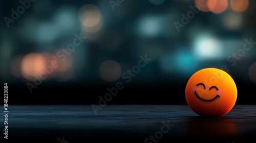 Joyful orange smiley ball urban night setting still life photography playful environment close-up view happiness concept for seo impact