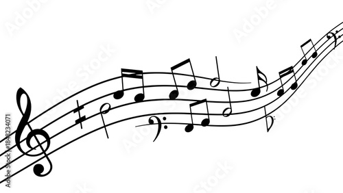 White musical notes on a staff isolated on a transparent background treble clef