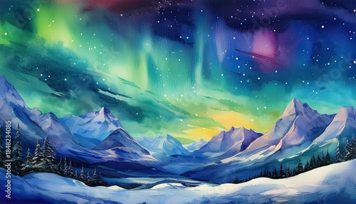 watercolor painting of aurora borealis over snowy mountains at night