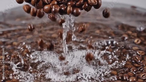 Stream of water cascading through coffee beans in a dark brown environ