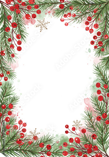 Wallpaper Mural  Festive holiday frame with pine branches and red berries in watercolor Torontodigital.ca