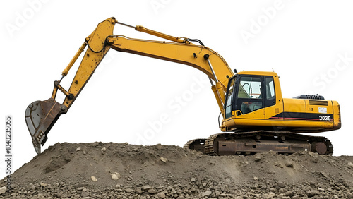 Yellow excavator on dirt pile isolated on a transparent background construction