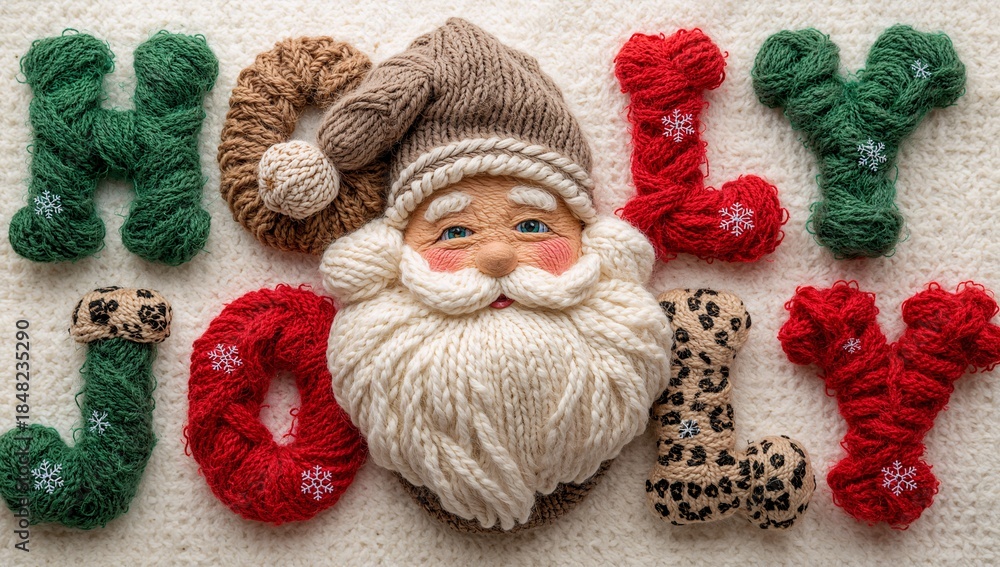 Fototapeta premium Holly Jolly Knitted Yarn Christmas Text With Santa
