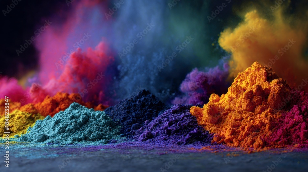 Obraz premium Vivid mounds of vibrant powdered pigments erupt, creating a dynamic, multicolored cloud against a dark background, evoking celebration