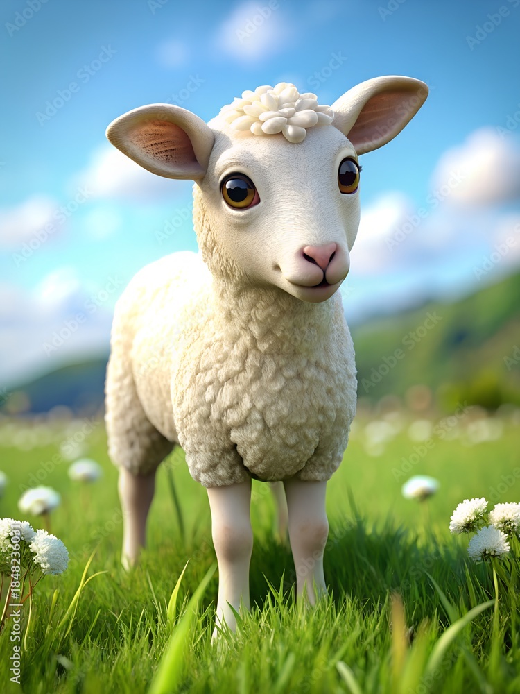 Obraz premium Adorable lamb in a lush green meadow on a sunny day