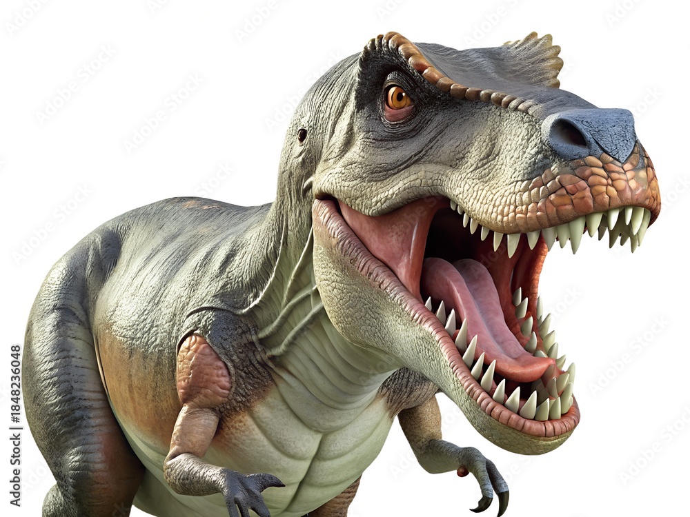 Obraz premium Fierce tyrannosaurus rex roaring with mouth open showing sharp teeth in detail