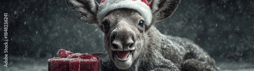 A joyful christmas elk: imagining the magic of holiday wonders. Blockbuster art. Cheerful elk baby in santa's hat amid christmas delights. Drama poster. Poster graphics.