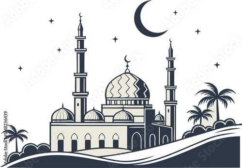 Silhouette illustration of iconic mosques, Ramadan kareem Vector design  