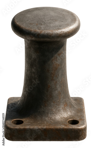 Weathered metal dockside bollard with a circular top.