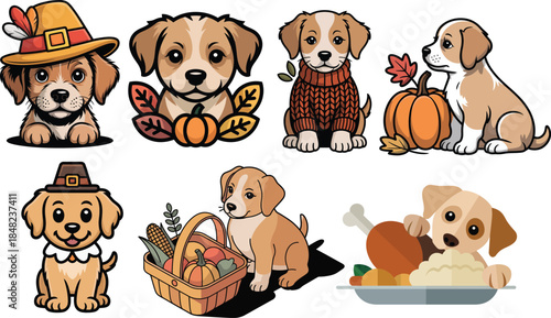 Thanksgiving puppy characters with turkey hats pumpkins and feast