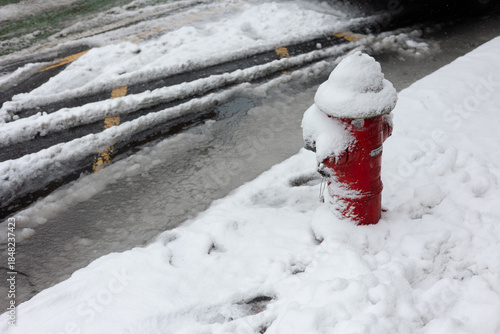 Photography Snow covers a fire hydrant on a city street with tire tracks and a slushy surfac