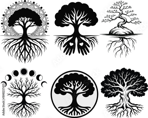 Tree of life tattoo designs with roots branches moon phases set
