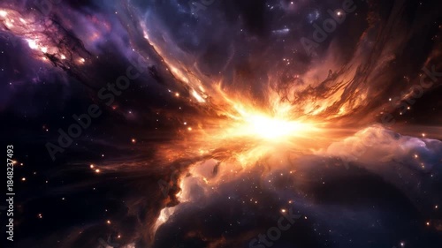 A breathtaking cosmic explosion in deep space, showcasing a fiery nebula with glowing energy and interstellar dust. Video made using Generative AI.