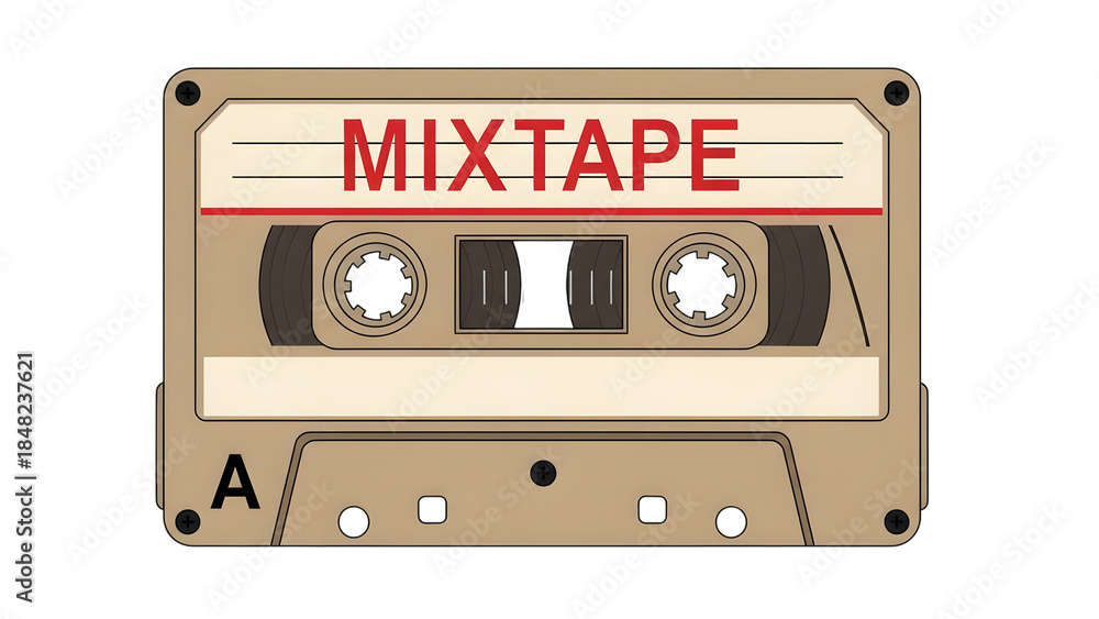 Fototapeta premium Beige cassette tape labeled mixtape with red text and black reels isolated on a transparent background