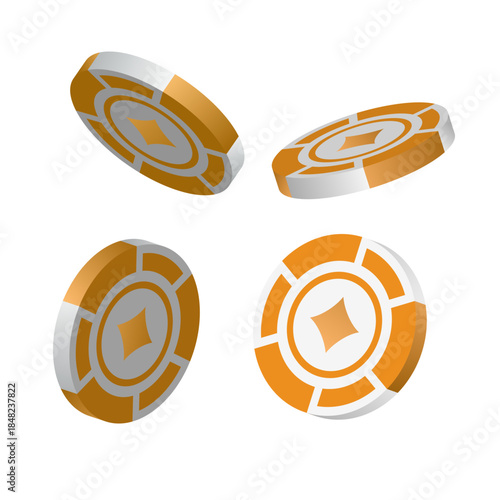 Isometric Poker Chips set with Card Suits isolated on white background