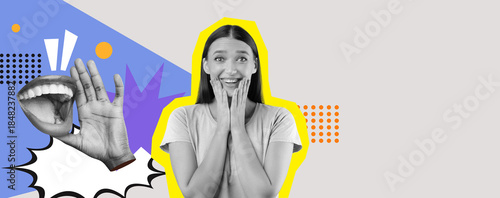 A young person is smiling with their hands on their cheeks, showing surprise and happiness. The background features vibrant colors and graphic elements, creating a lively atmosphere.