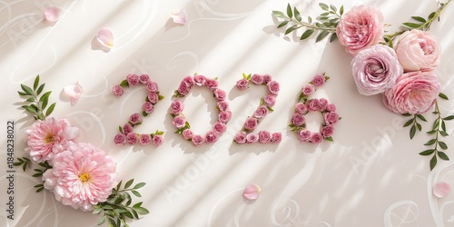 2026 Made Of Pink Flowers And Green Leaves On Soft Light Background, Floral Year Number For New Year 2026, Spring And Wedding Design, Greeting Cards, Branding, Social Media, Posters, Invitations
