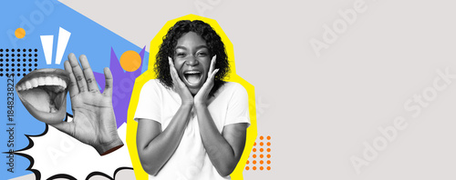 Foto A vibrant collage showcases a joyful woman expressing excitement with her hands on her cheeks