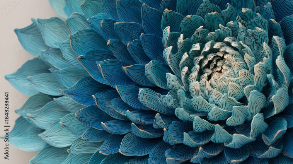 Obraz premium Intricate blue flower sculpture with layered petals and golden edges, detailed handcrafted art in vibrant gradient tones and realistic texture