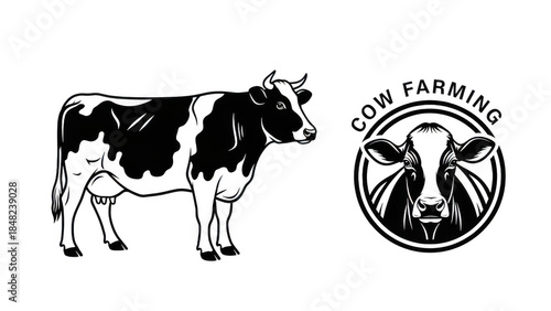 An illustration featuring a cow and a logo related to cow farming