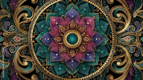 Wallpaper Mural Intricate Symmetrical Mandala with Peacock Feather Inspired Petals in Teal, Purple, Pink and Gold Ornate Floral Design on Black Background Torontodigital.ca
