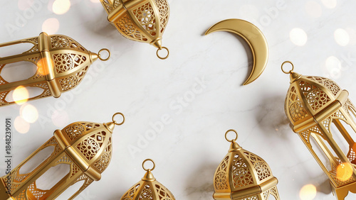 Luxury 3D Golden Ramadan Lanterns and Crescent Moon on White Marble Background