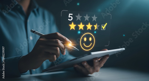 Man giving high rating on tablet with glowing smiley face