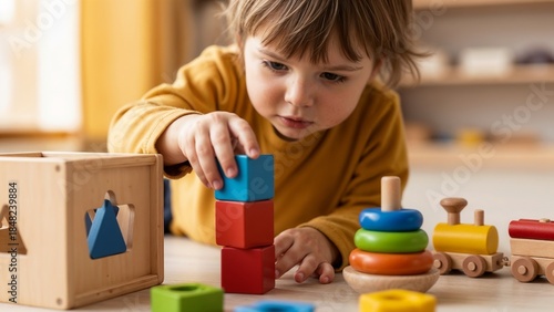 A child in a yellow shirt playing with wooden toys like blocks, rings, and a train indoors.