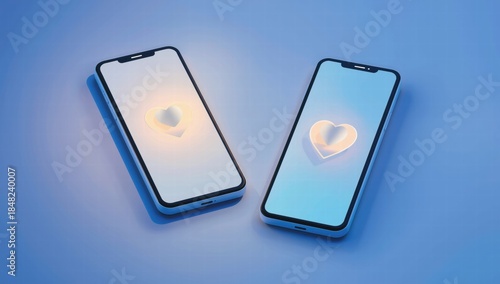 Two smartphones on blue background displaying heart shapes  