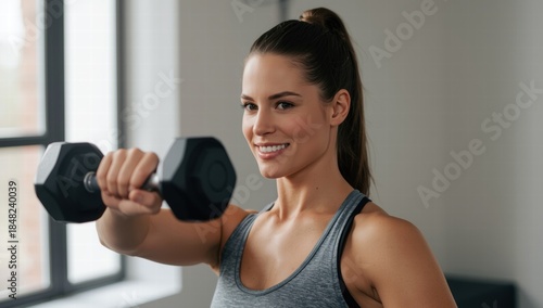 Young woman exercising with dumbbell and smiling indoors  