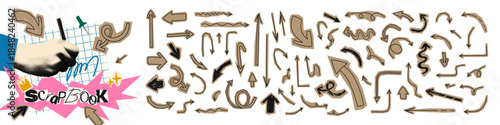 Collage elements set, cut out of craft paper hand drawn doodle arrows collection. Clipping funky elements for scrapbook. Modern vector illustration isolated on transparent background