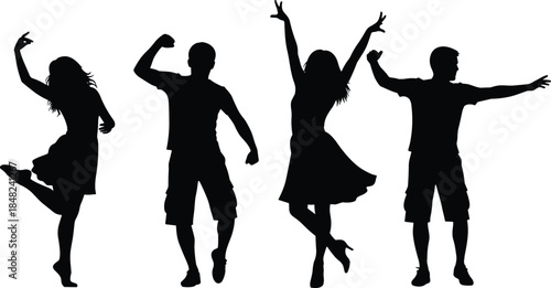 Dancing silhouettes, energetic poses, joyful movement, black vector art, youth expression, celebration concept, dynamic gesture, illustration, design element