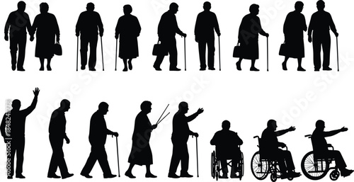 Elderly silhouettes, walking and wheelchair figures, cane users, aging mobility, black vector art, senior activity, illustration, concept, design element