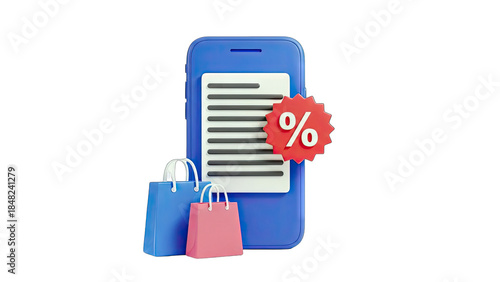 Online Shopping Discount: Smartphone with Shopping Bags and Percentage Icon