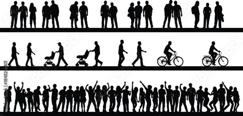 Group activity silhouettes, walking and cycling figures, celebration crowd, black vector art, public interaction, social motion, illustration, design element