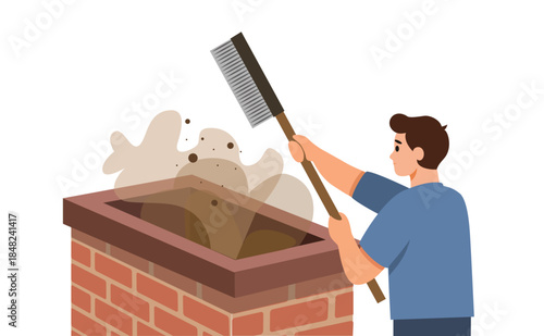 Worker brushing chimney soot – chimney cleaning illustration