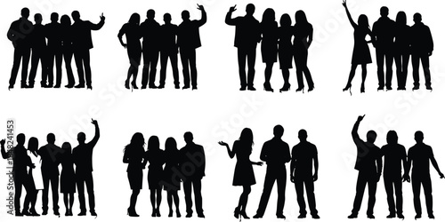 Group silhouettes, people together, casual poses, celebration gesture, unity concept, black vector art, friendship, teamwork, social interaction, illustration