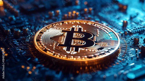 Close-Up of Bitcoin on a Glowing Circuit Board Representing Cryptocurrency Technology and Digital Blockchain Networks. Video Made Using Generative AI