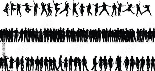 Human silhouettes, dancing poses, crowd gathering, walking figures, social interaction, black vector art, celebration, unity, companionship, posture study, illustration
