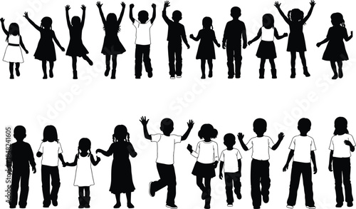 Large vector set of happy children silhouettes, young boys and girls standing, playing, cheering with hands raised, and holding hands, ideal for fun, youth, and education graphics.